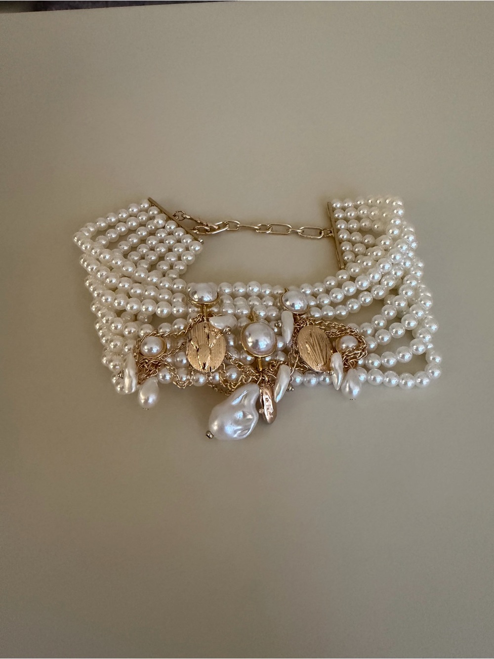Pearl Multi-Strand Choker Necklace with Gold Accents